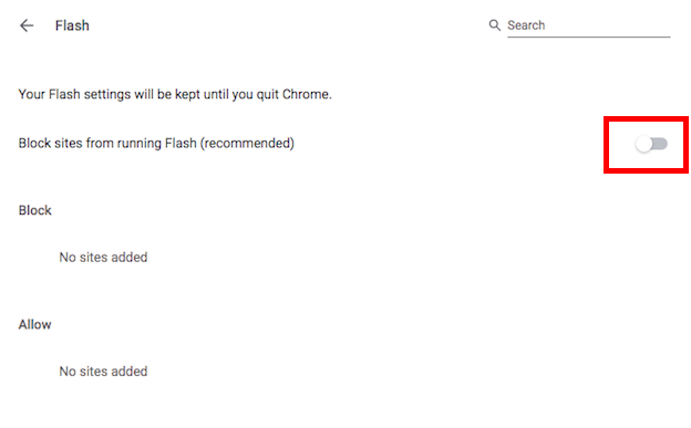 Chrome Flash Settings - Before